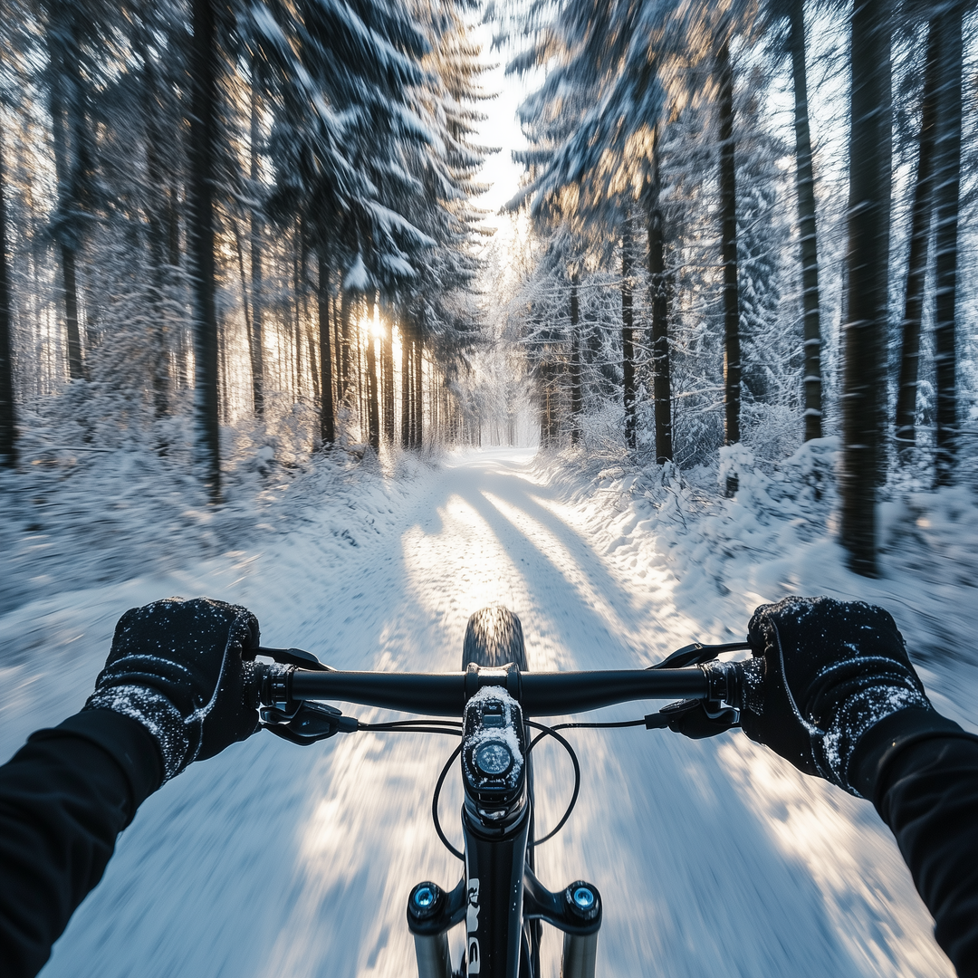un cycliste roulant dans une foret ensolleilé en VTT.