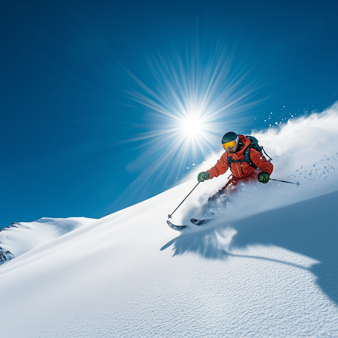 un skieur portant des gants chauffants faisant une descente en ski alpin sur de la hors piste.png
